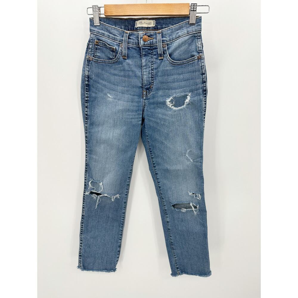 Madewell Womens Straight Leg Jeans Size 23P Distressed Mid Rise Blue Raw Hem